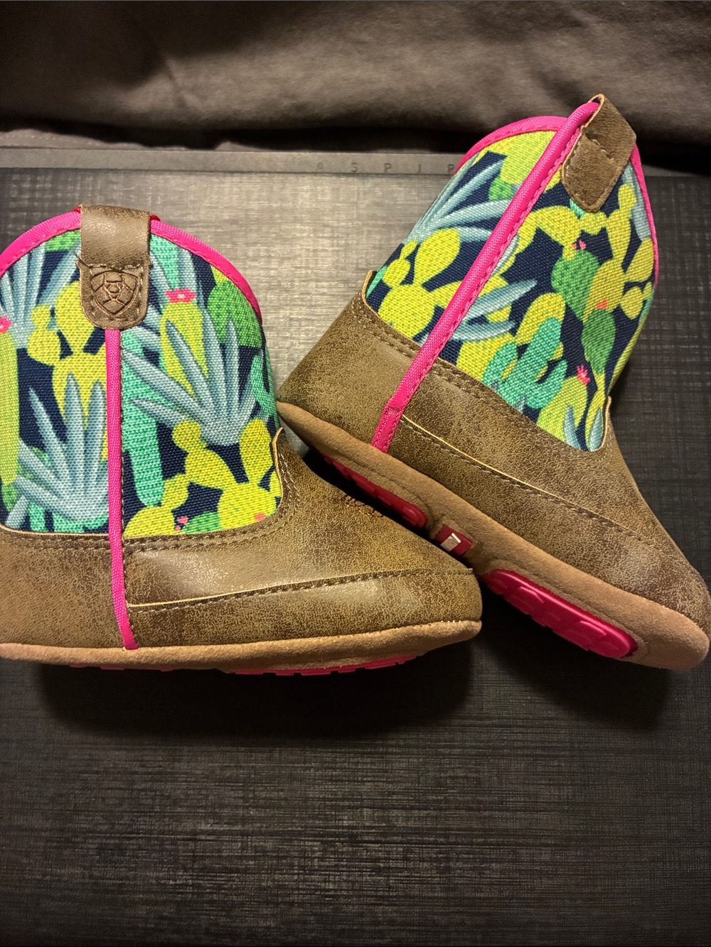 Ariat Brown Boots with Lime Green & Navy Floral Panels and Pink Trim